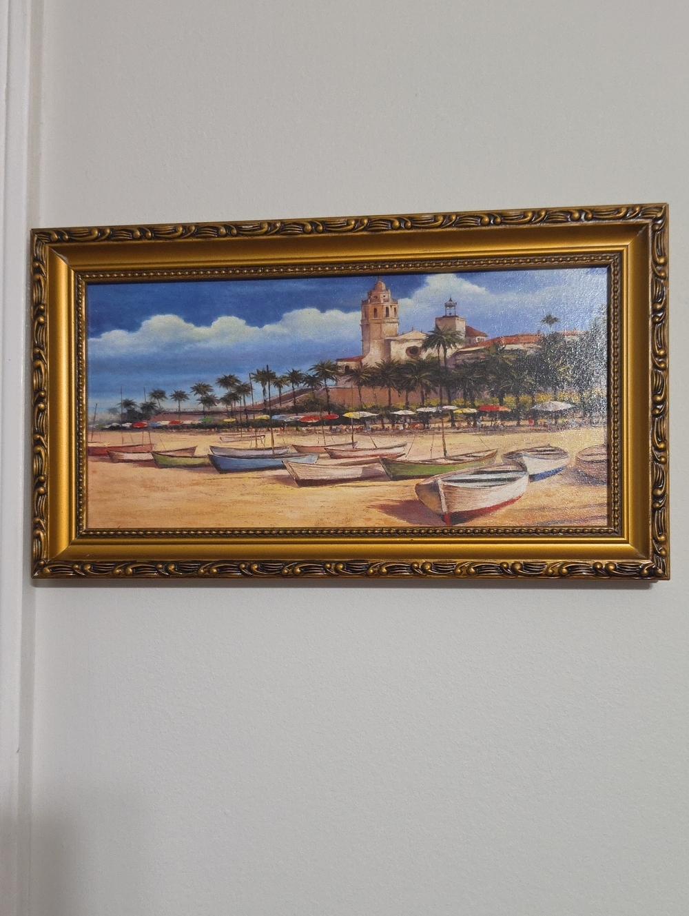 Coastal Harbor Boats Wall Art - Gold Framed Beach Print